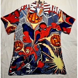 Spiderman Shirt Med VTG  Total Shirt Print Double Side 2000 Y2K Marvel Hawaiian